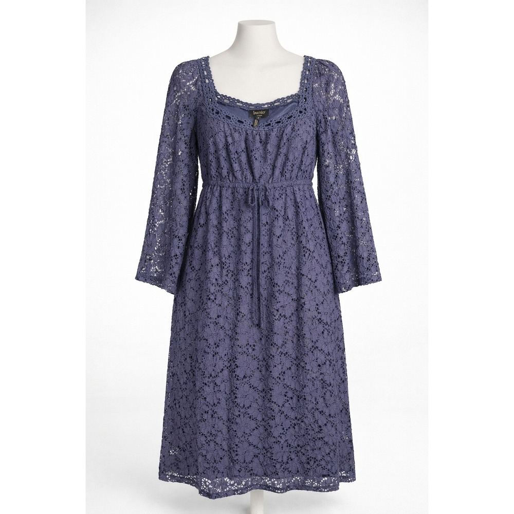 Floral Lace Babydoll Long Bell Sleeve Peasant Dress Size S Navy Blue Cottagecore